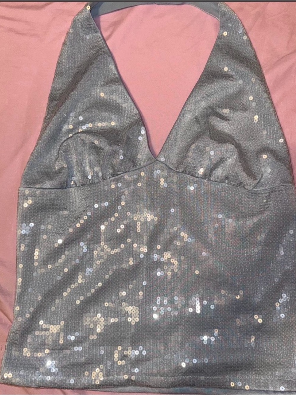 Sequin Halter V-Neck Camisole Tank Top - Baby Blue